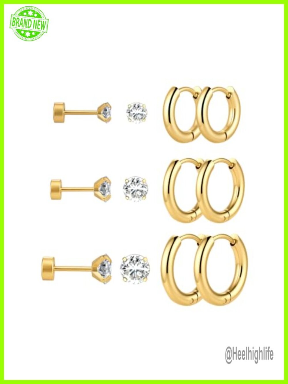 14K Gold Plated Titanium Steel Earring Set: Huggie Hoops & CZ Screw Back Studs,